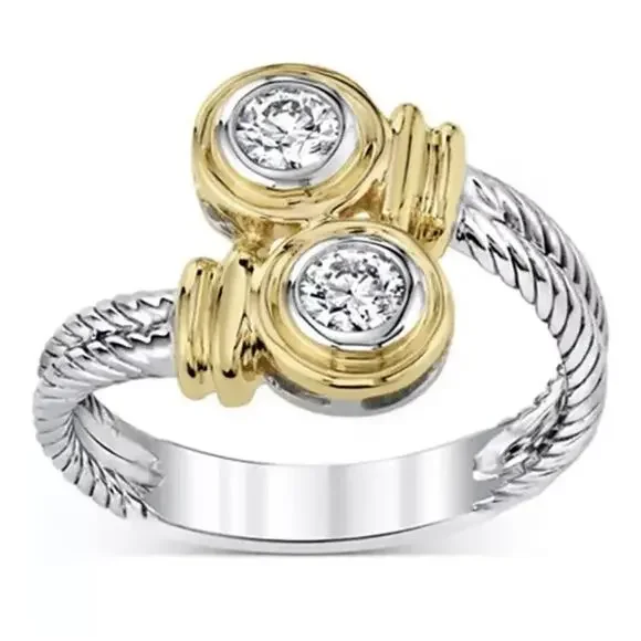 Two Tone Ring Silver Gold Tone Twisted Cable Band 2 Round Zircon Bypass Size 7 - Picture 3 of 8